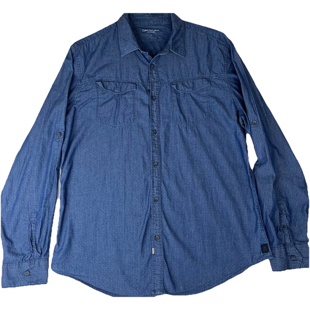 Calvin Klein Jeans Mens Large Blue Chambray Button Front Western Shirt 100% Cott